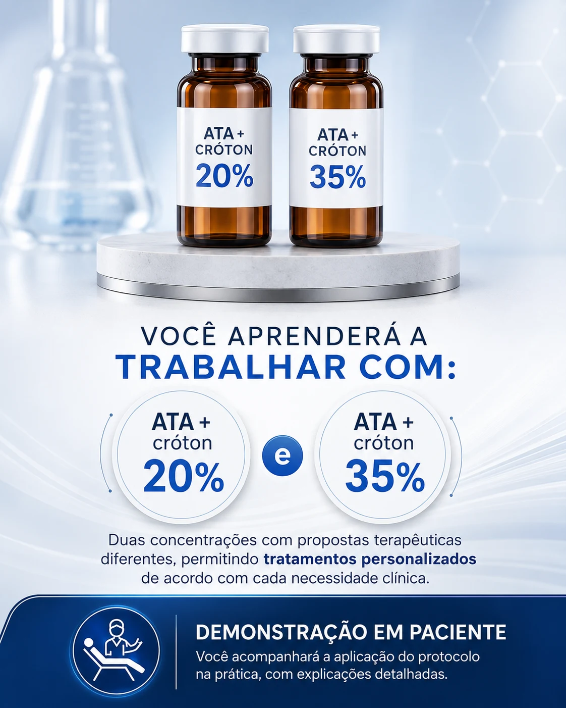 Você aprenderá a trabalhar com ATA + cróton 20% e 35% — duas concentrações com propostas terapêuticas diferentes. Demonstração em paciente com explicações detalhadas.